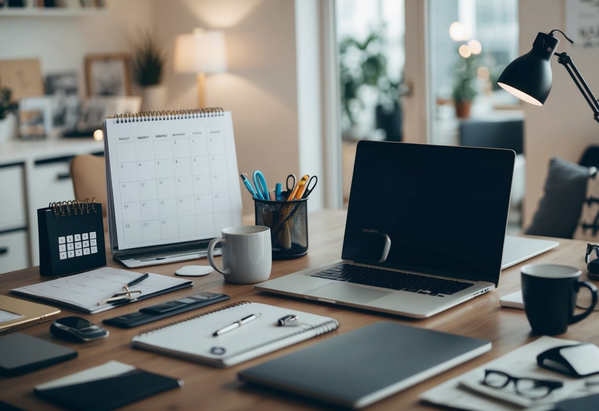 A desk with a laptop, calendar, coffee mug, and various organizational tools surrounded by a mix of work and family-related items