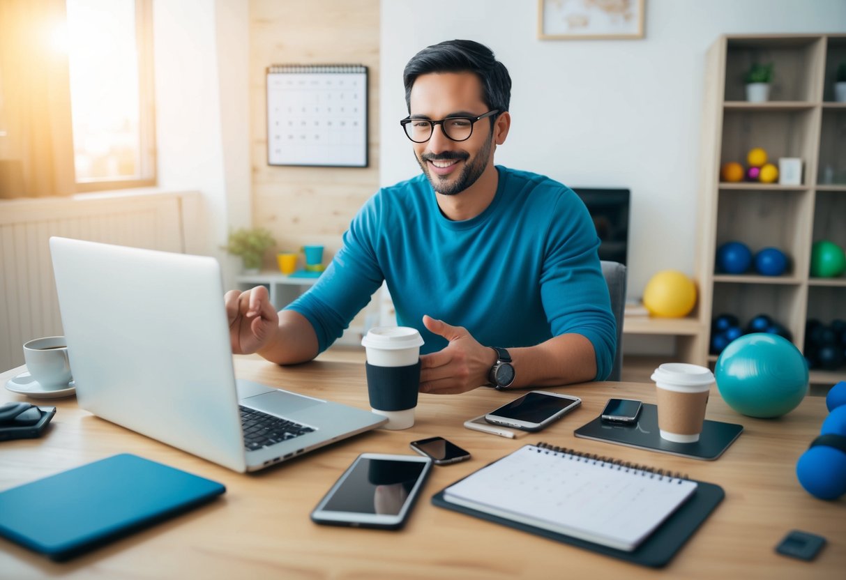 A parent juggling work and home life, surrounded by a laptop, calendar, phone, coffee, childcare items, exercise equipment, and a relaxation space