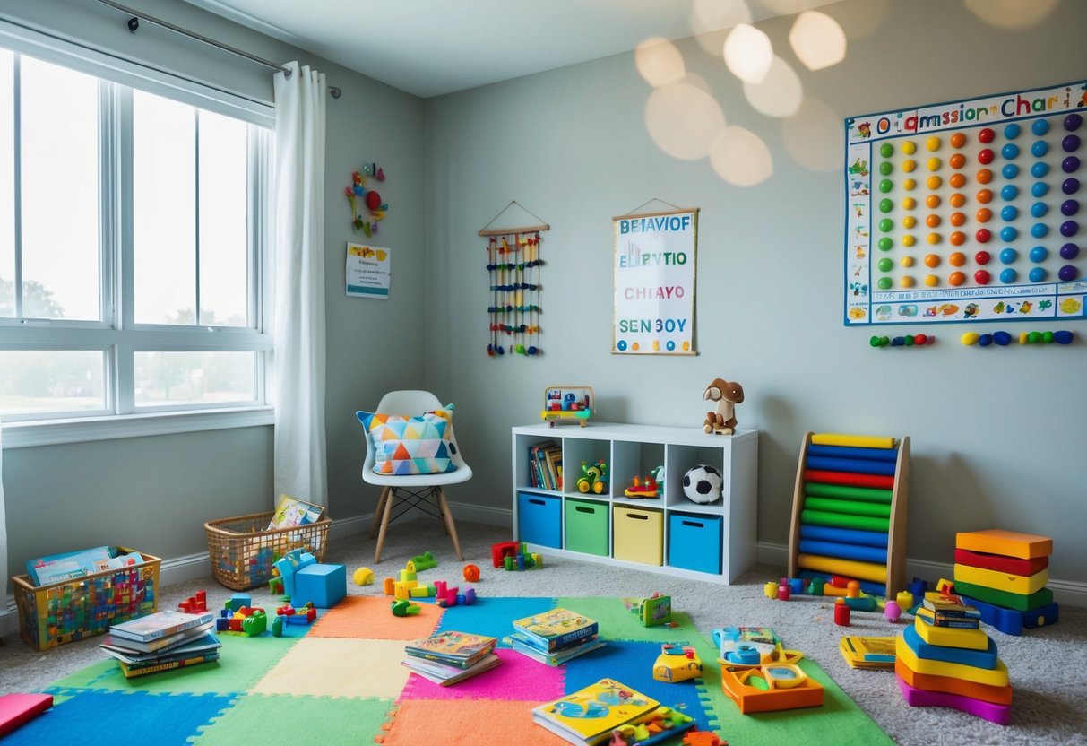 A child's room with colorful toys and books scattered on the floor, a calm and organized space with a behavior chart and sensory tools on the wall