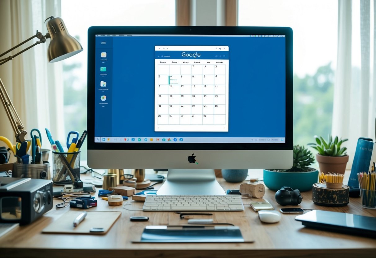 A cluttered desk with a computer displaying Google Calendar, surrounded by various tools and objects representing work and family life