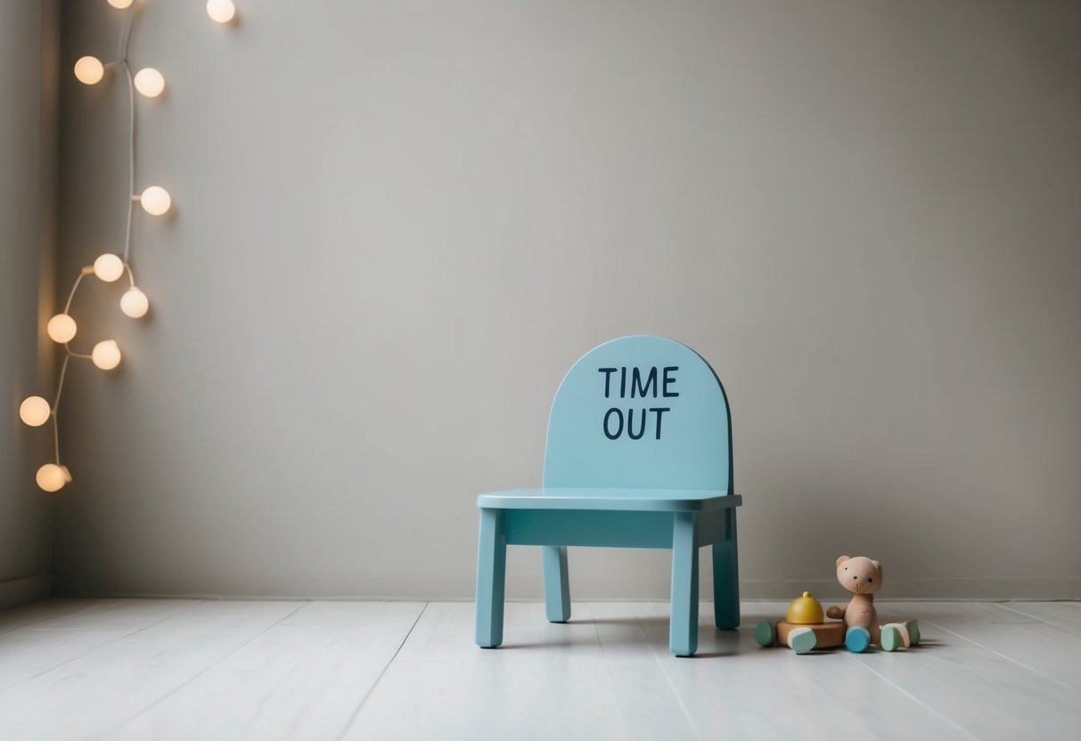 A small time-out chair in a calm, neutral space with soft lighting and a few simple, child-friendly toys nearby