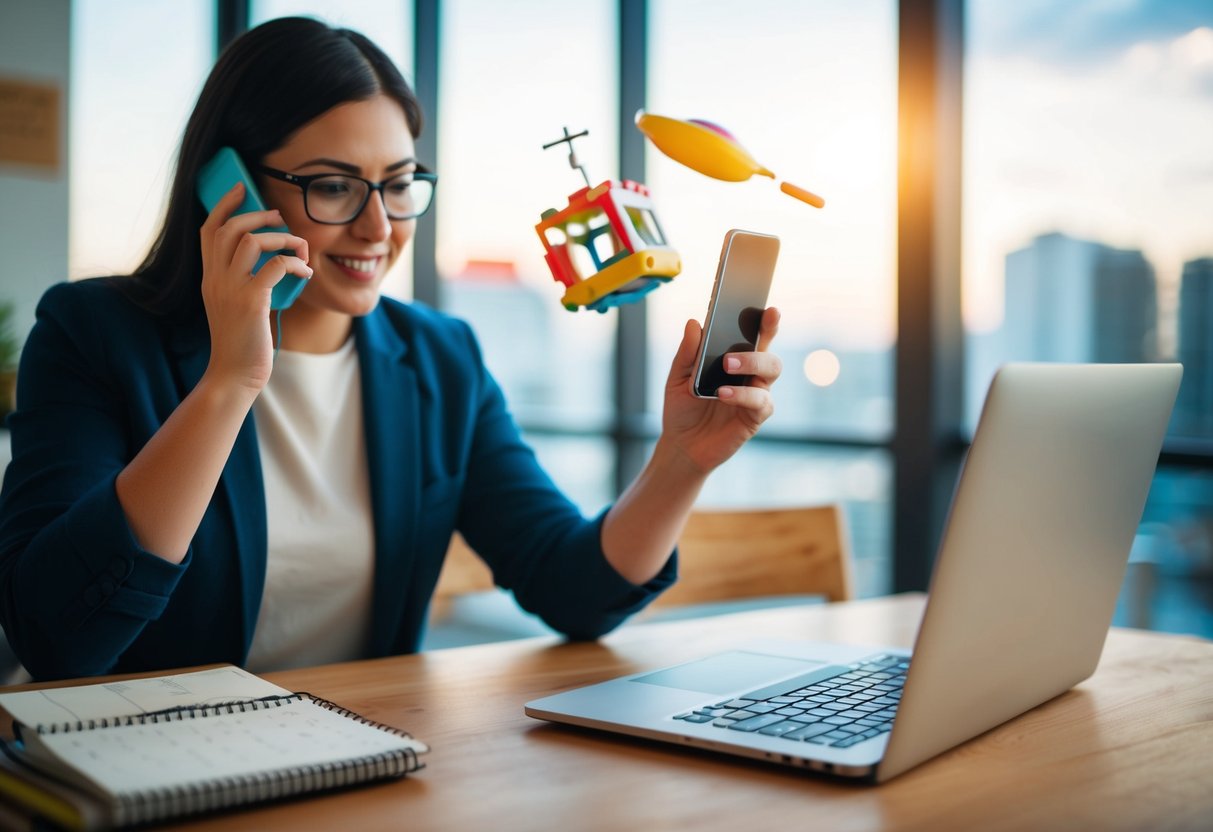 A parent working on a laptop while juggling a phone call, a child's toy, and a calendar