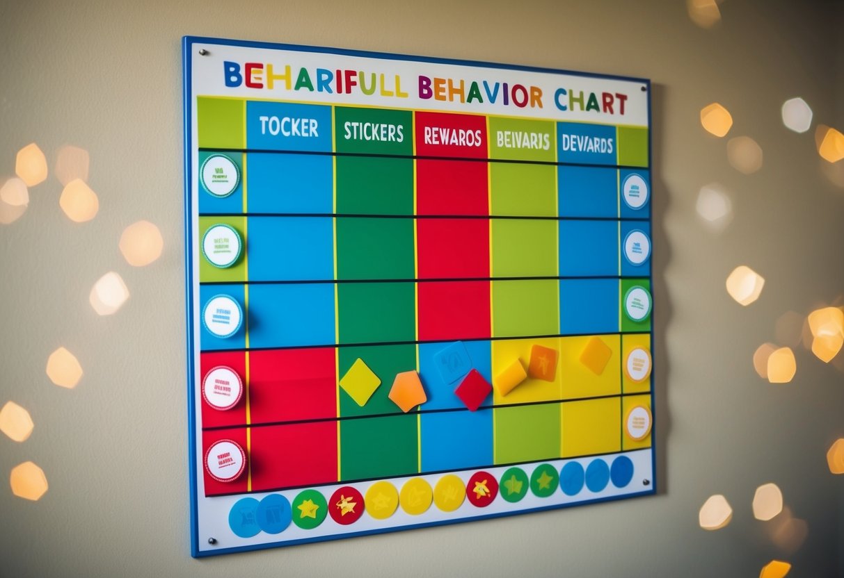 A colorful behavior chart with stickers and rewards displayed on a wall