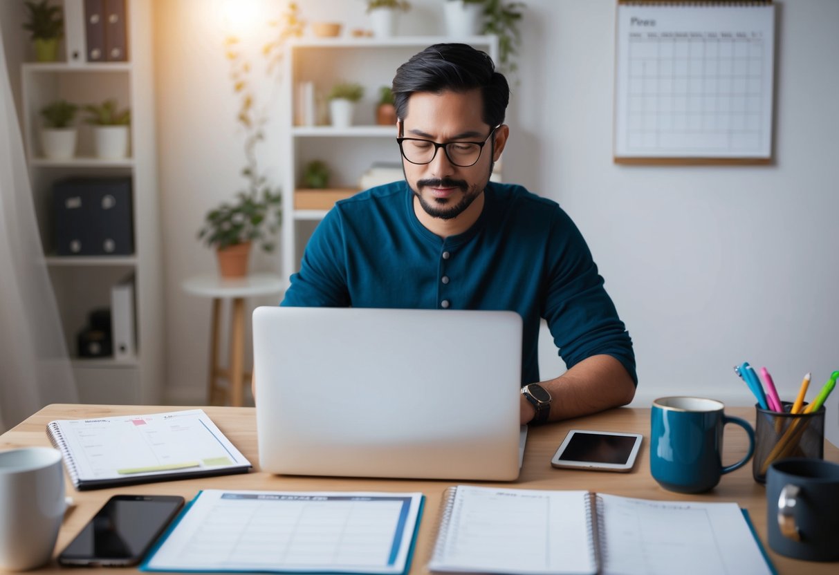 A parent working at a desk with a laptop, surrounded by a calendar, to-do list, coffee mug, and various productivity tools