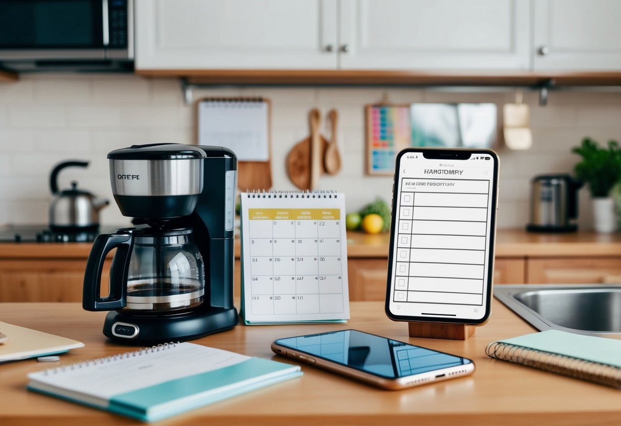 A cluttered kitchen counter with a coffee maker, calendar, meal planner, grocery list, and smartphone with a family organizer app open