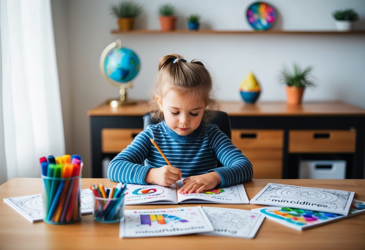 A child sitting at a desk, surrounded by mindfulness coloring books and various art supplies, focused and calm while coloring