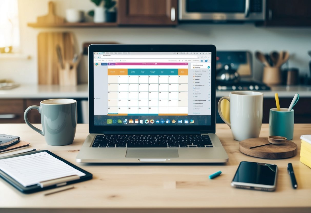 A cluttered kitchen counter with a laptop open to a Google Calendar, surrounded by a coffee mug, a to-do list, and a smartphone with notifications