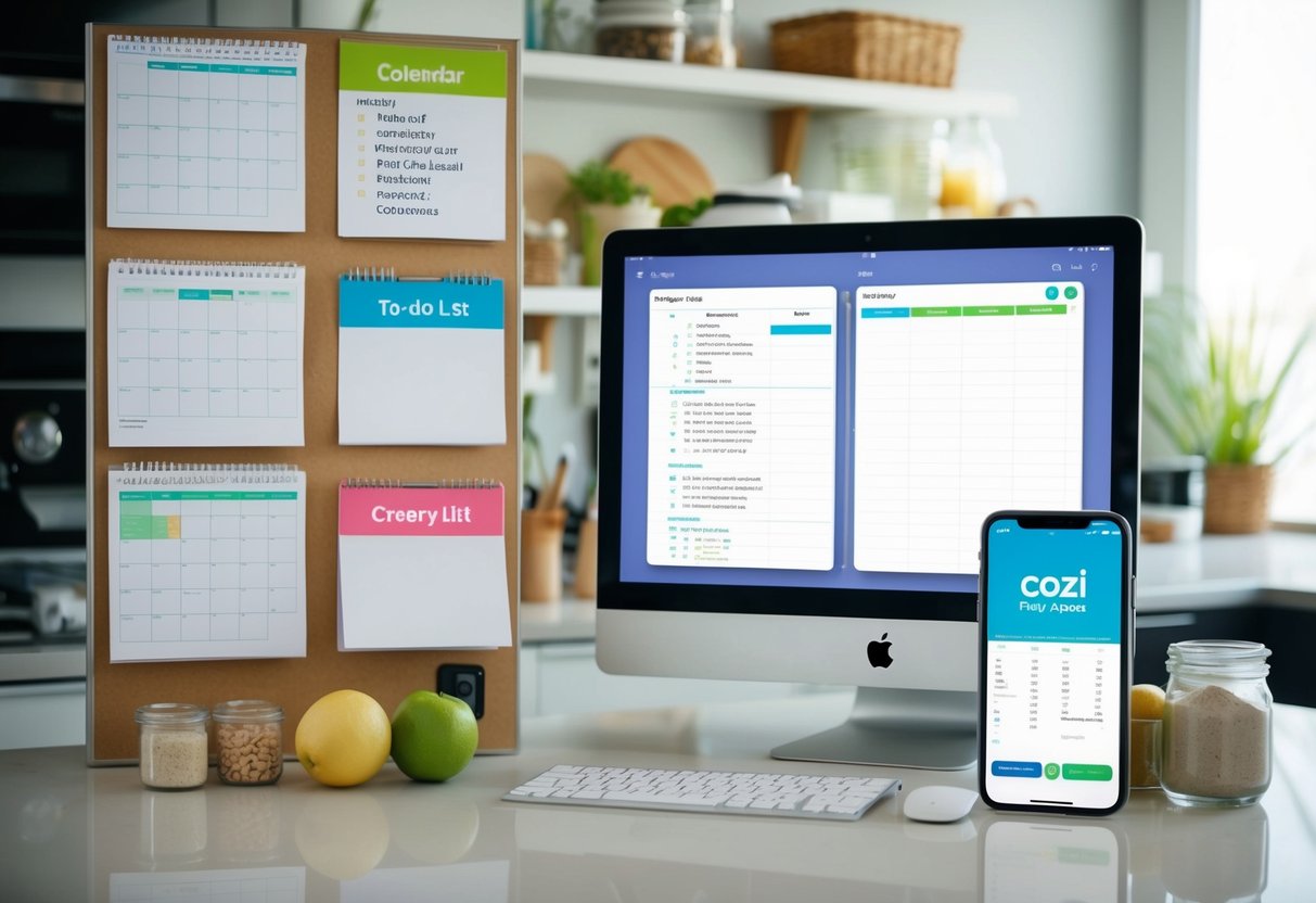 A cluttered kitchen counter with a calendar, to-do list, grocery list, and meal planner pinned up, alongside a smartphone displaying the Cozi Family Organizer app