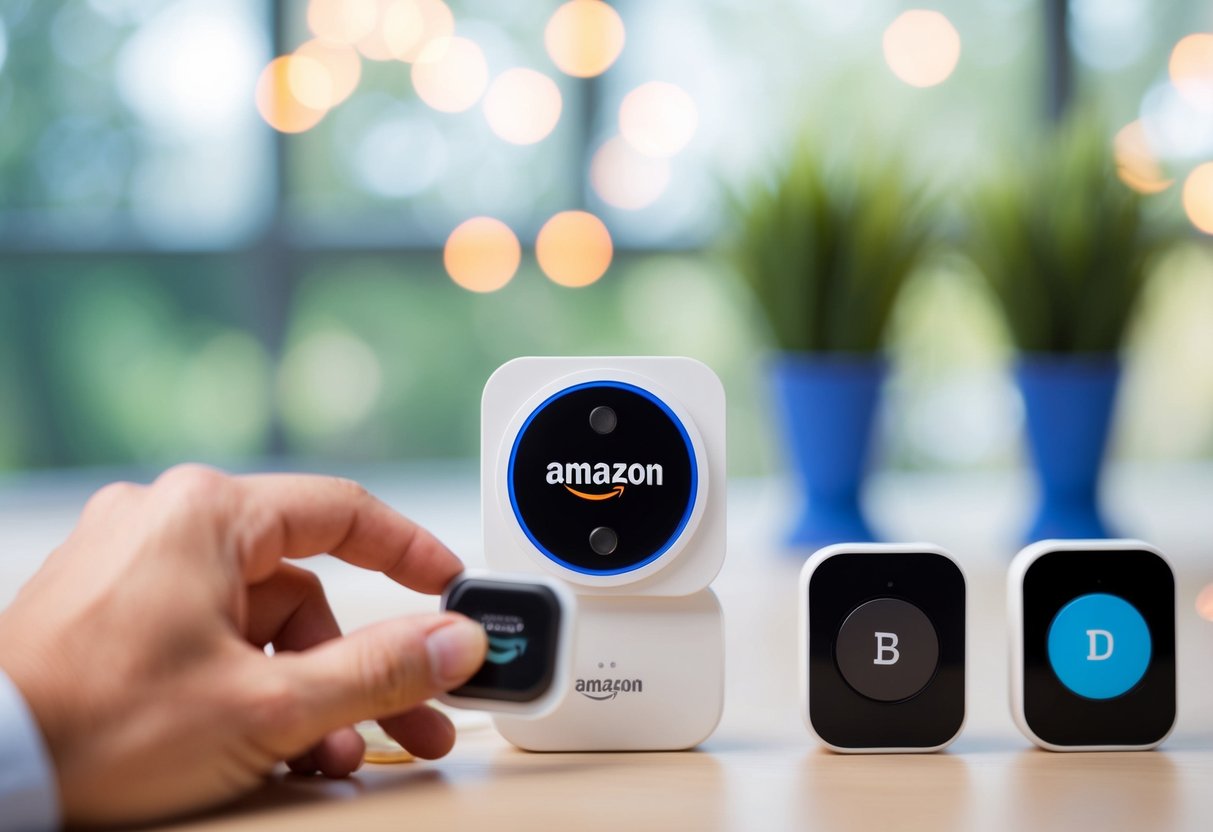 A busy parent presses an Amazon Dash Button for diapers, surrounded by other buttons for household essentials