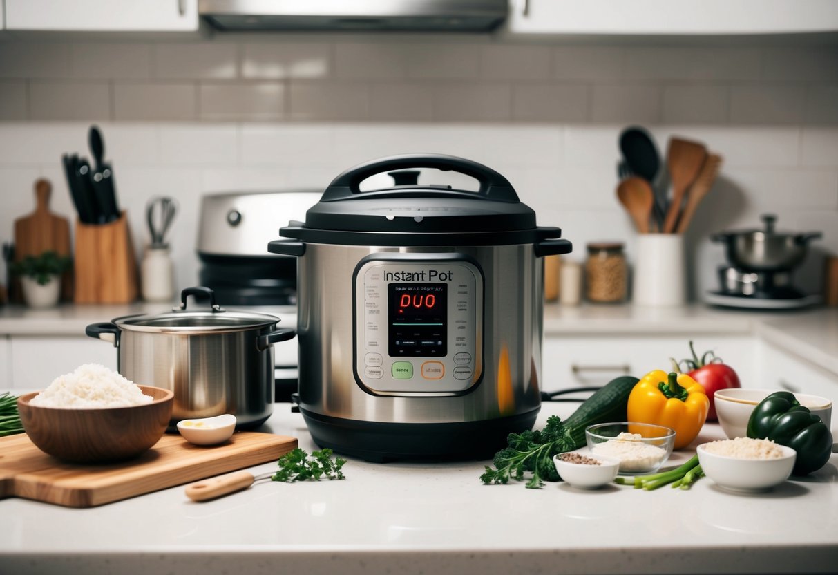 A cluttered kitchen counter with an Instant Pot Duo 10 surrounded by various cooking utensils and ingredients, indicating a busy parent's need for time-saving tools