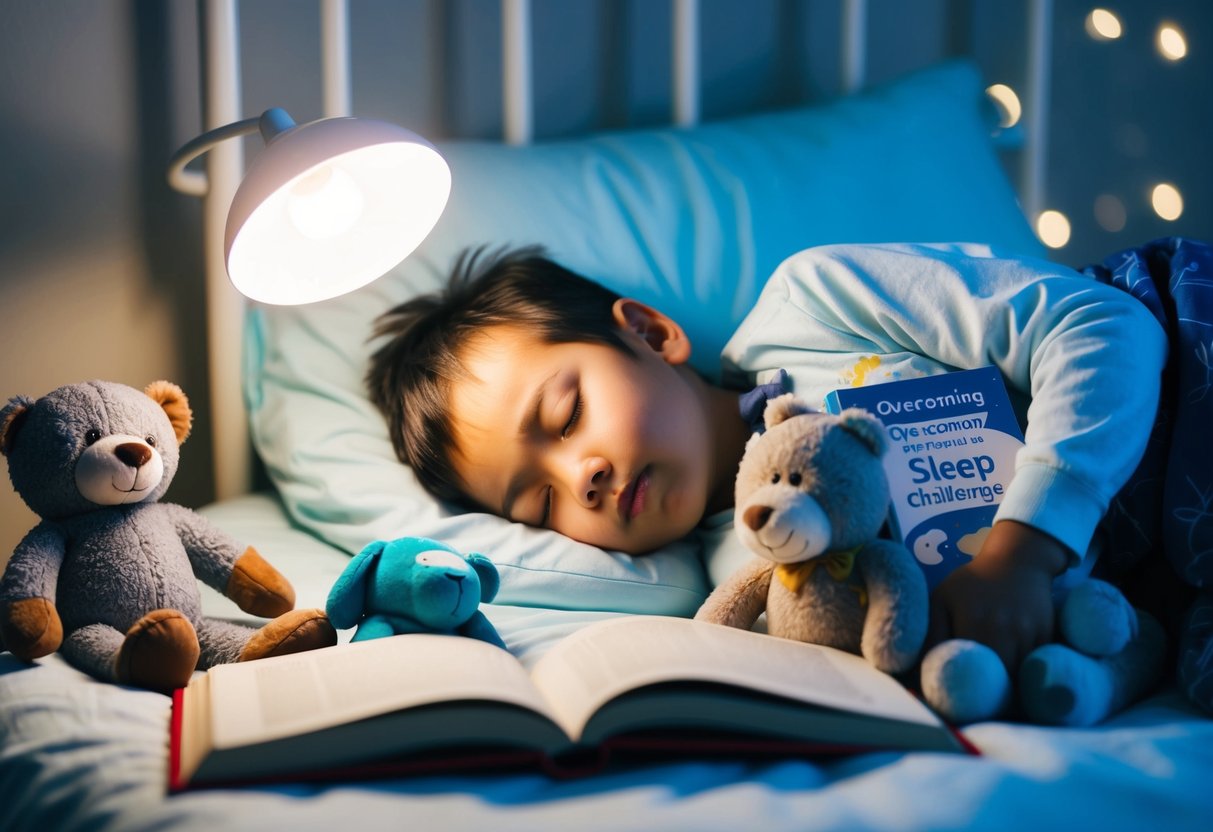 A child peacefully sleeping in bed, surrounded by a comforting nightlight, stuffed animals, and a book on overcoming sleep challenges