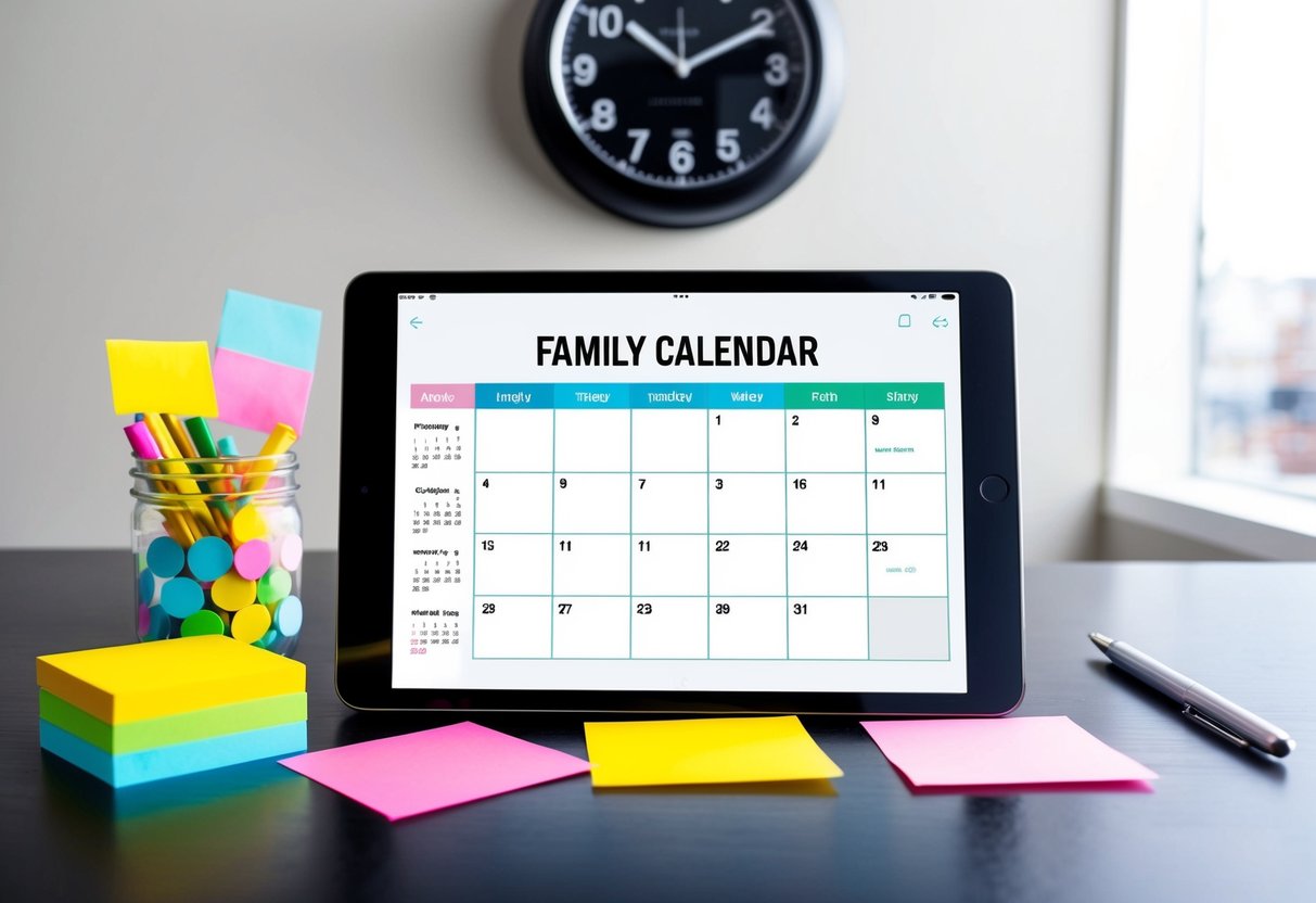 A family calendar app displayed on a tablet, surrounded by colorful sticky notes and a pen. A clock on the wall shows different time zones