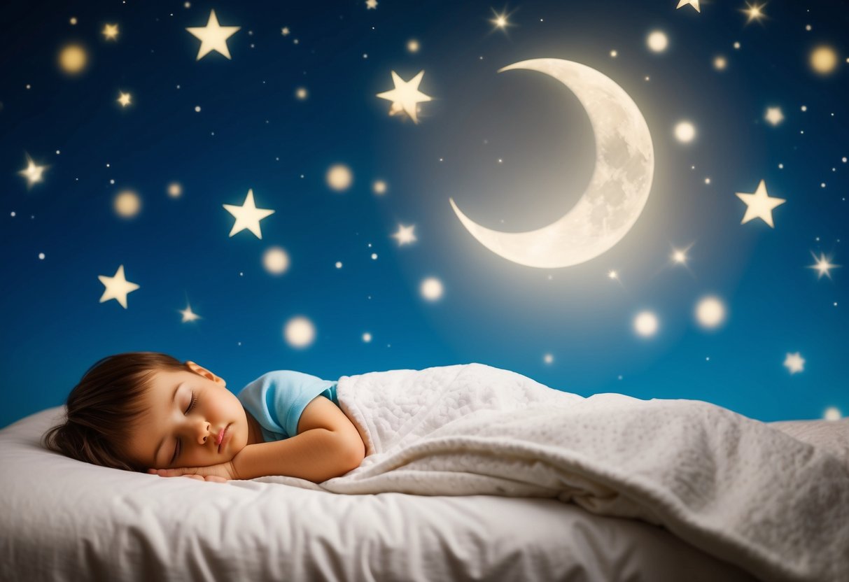 A serene night sky with a crescent moon and twinkling stars, casting a peaceful glow over a cozy bed with a child peacefully sleeping