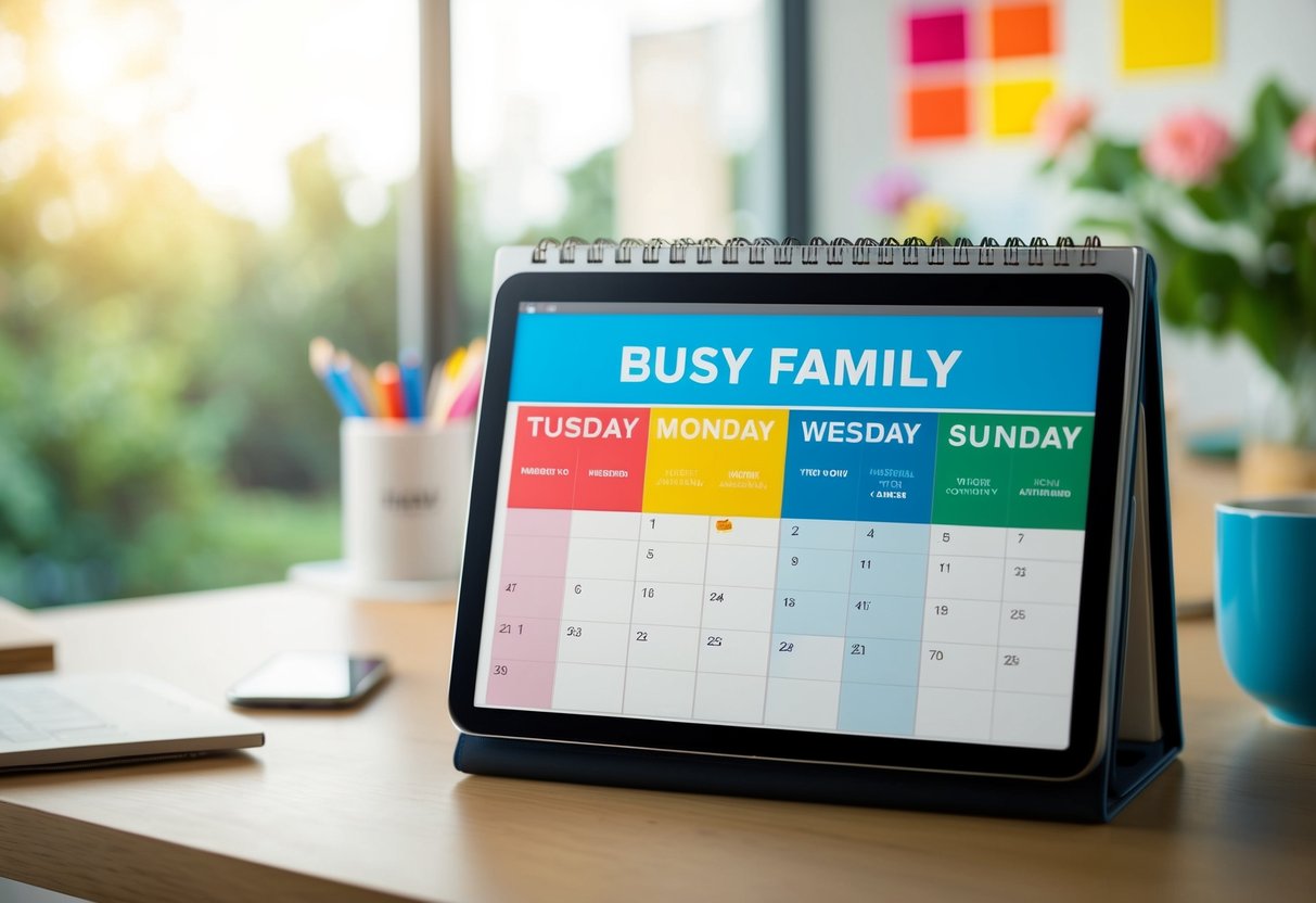 A busy family calendar with colorful events and reminders organized on a digital device