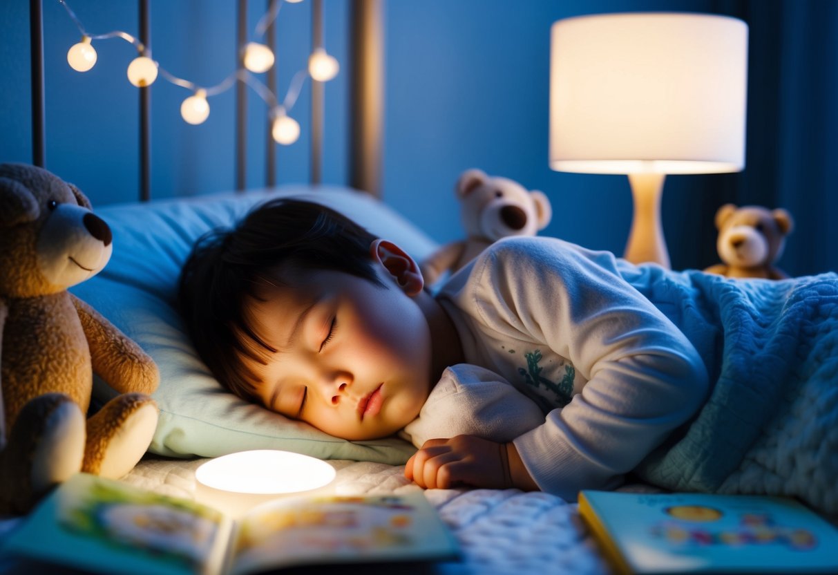 A child peacefully sleeping in a cozy bed, surrounded by calming elements like a night light, stuffed animals, and a soothing bedtime story book