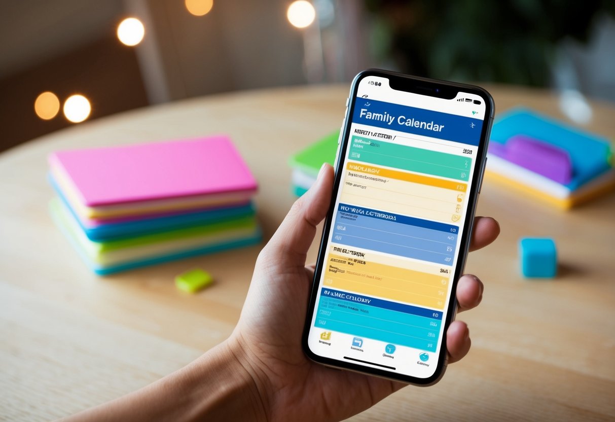 A family calendar app on a smartphone, with color-coded events and reminders for school, work, and extracurricular activities