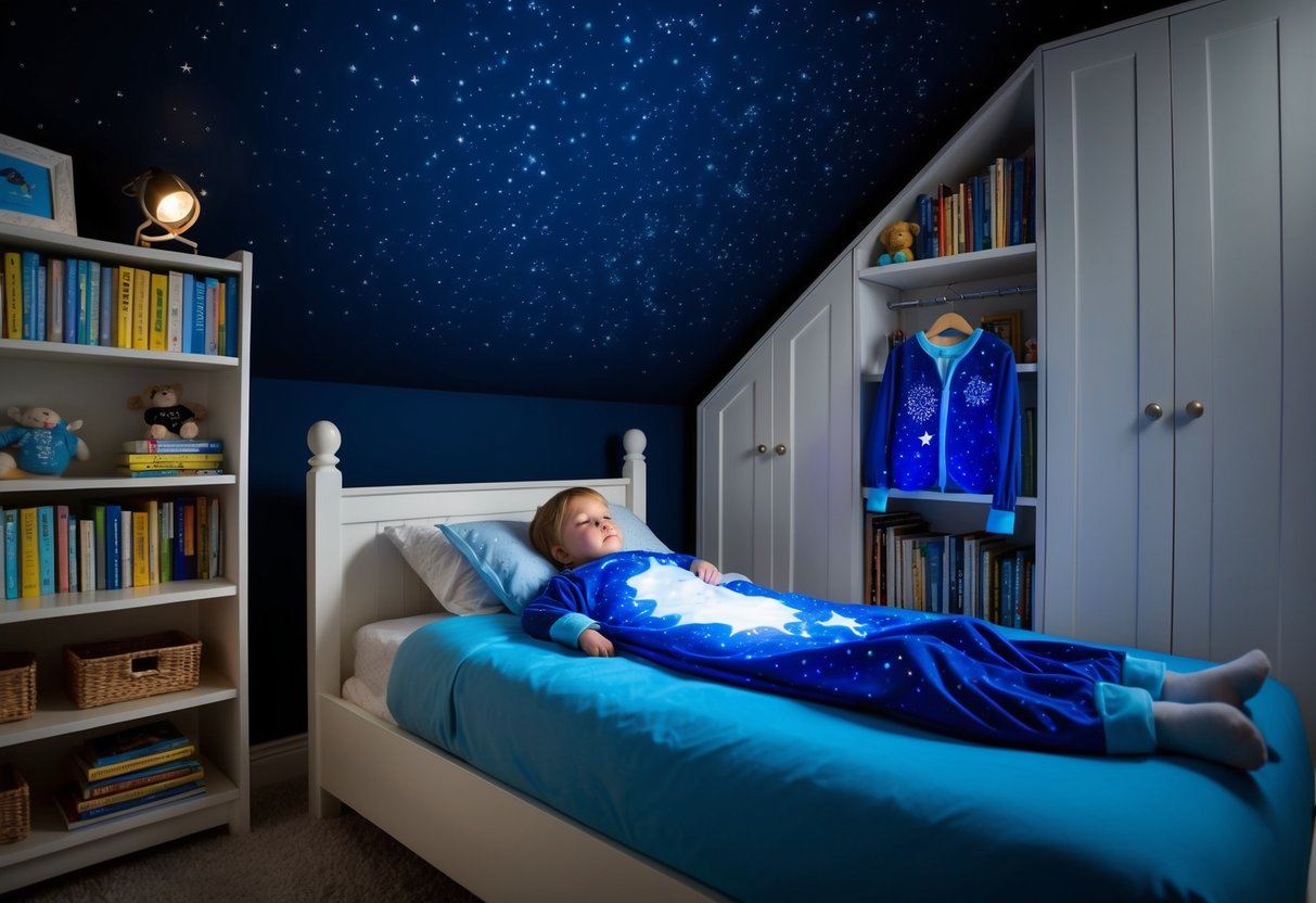 A cozy bedroom with a starry night sky ceiling, a bookshelf filled with sleep resources, and a child's bed adorned with a magical sleep suit