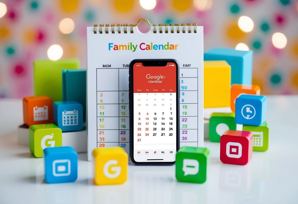 A family calendar surrounded by colorful app icons, with a smartphone displaying Google Calendar and six other scheduling apps