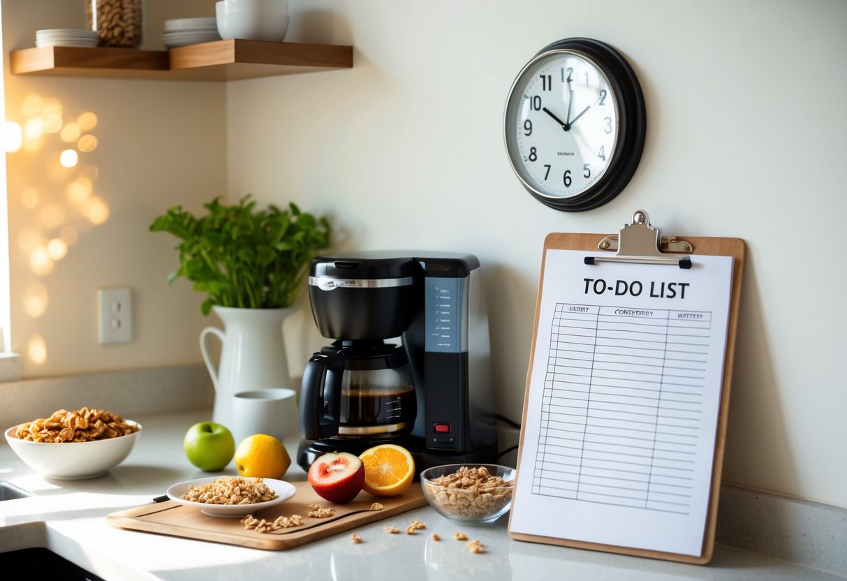 A sunlit kitchen counter with coffee maker, fresh fruit, granola, and a to-do list on a clipboard. A clock on the wall reads 7:00 am