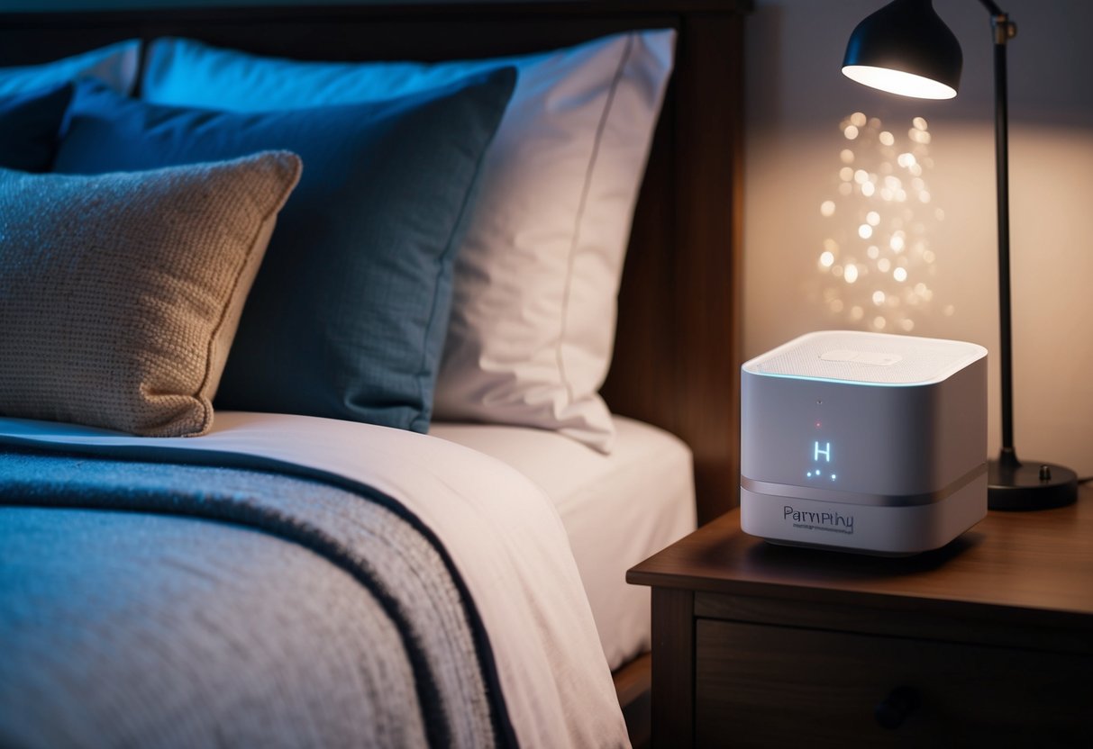 A cozy bedroom with a Hatch Rest Sound Machine on a nightstand, casting a soft glow and playing soothing sounds