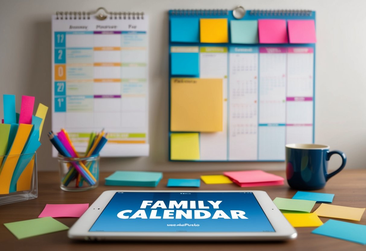 A family calendar app displayed on a tablet, surrounded by colorful sticky notes and a busy schedule on a wall calendar