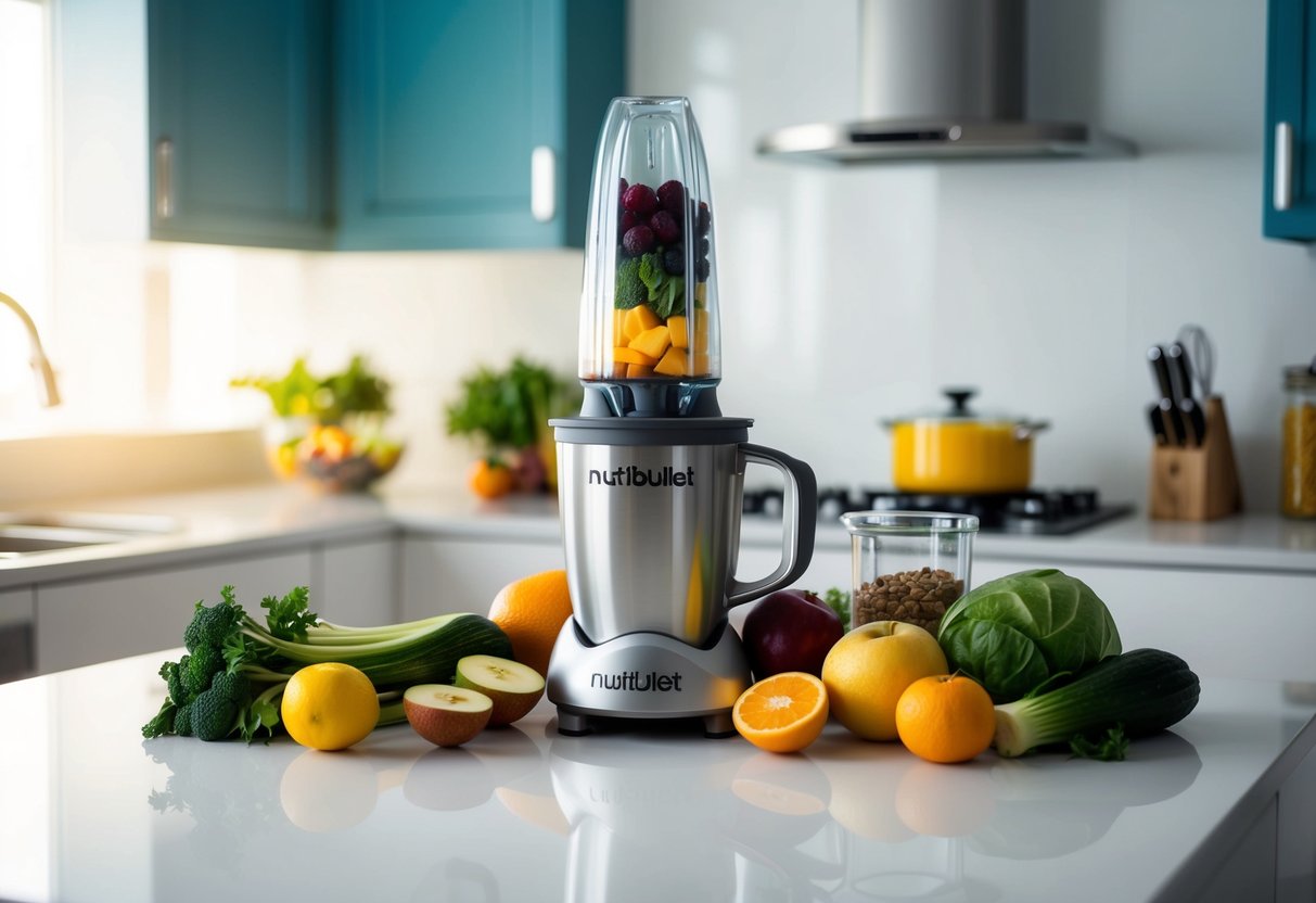 A Nutribullet blender surrounded by fruits, vegetables, and other morning ingredients on a clean kitchen counter