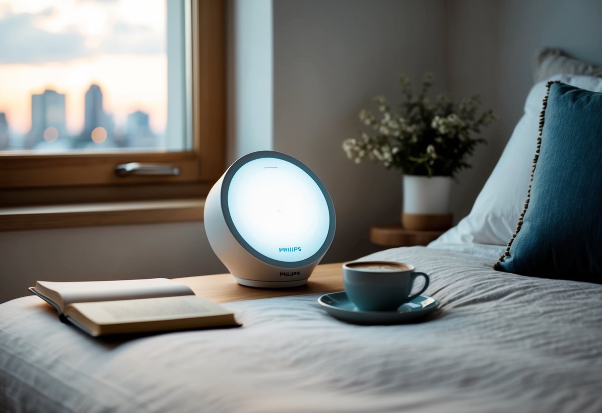 A bedroom with a Philips Wake-Up Light Alarm Clock on a nightstand, a cozy bed, a window with soft morning light, a book, a cup of coffee, and a journal