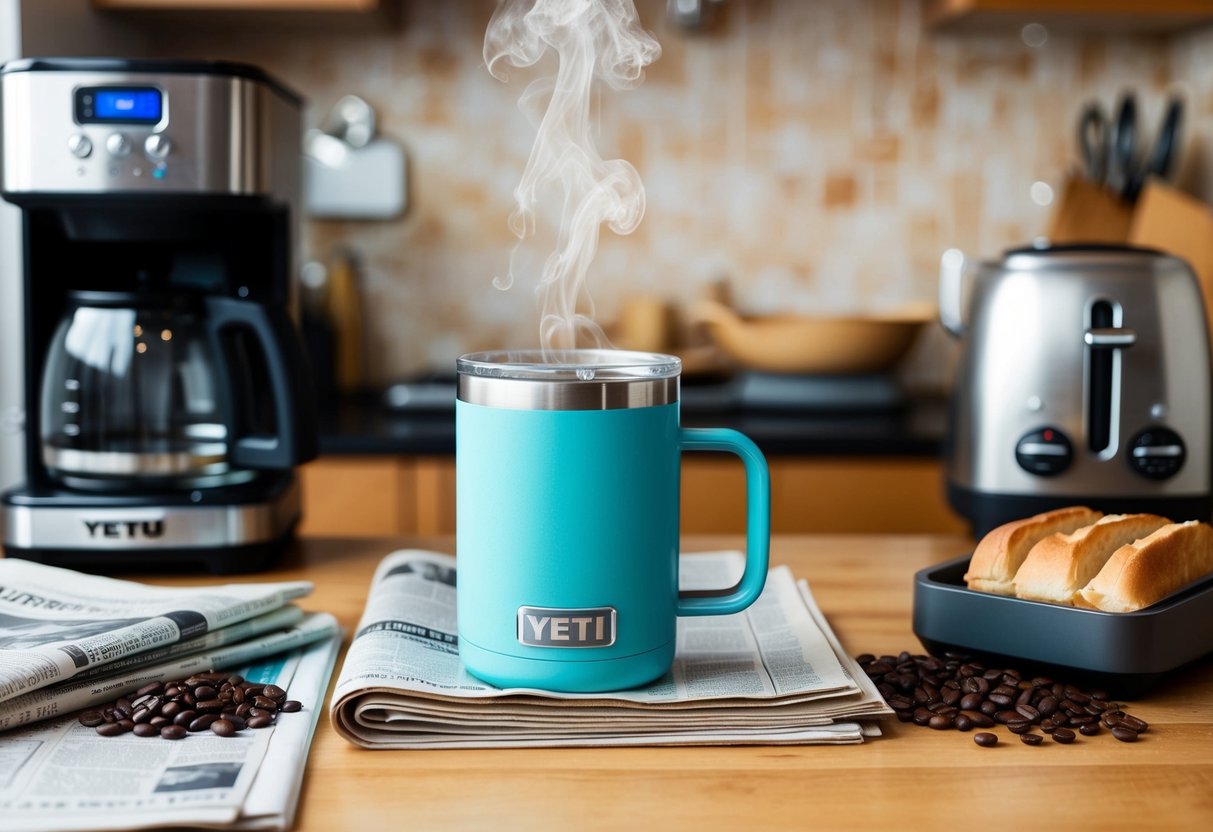 A cozy kitchen counter with a steaming YETI Rambler mug, surrounded by a coffee maker, fresh beans, a toaster, and a morning newspaper