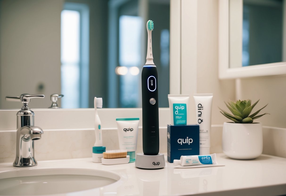 An organized bathroom countertop with a Quip Electric Toothbrush, toothpaste, and other morning routine essentials