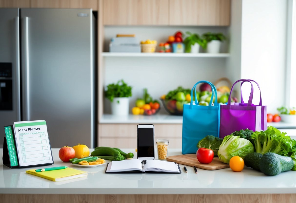 A kitchen counter with a meal planner, grocery list, pen, smartphone, recipe book, shopping bags, reusable containers, and a fridge stocked with fresh produce