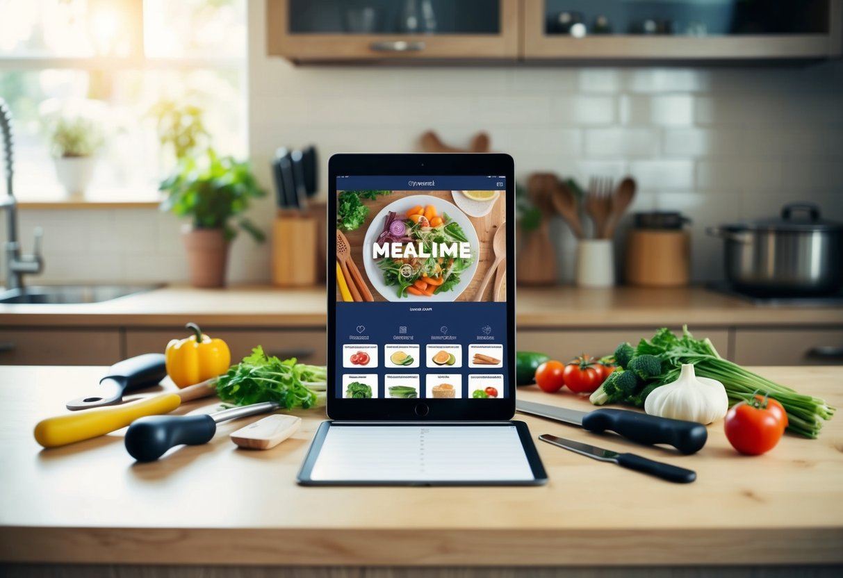 A kitchen counter with a tablet displaying the Mealime app, surrounded by various kitchen tools and a grocery list