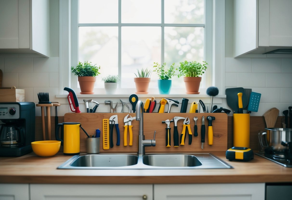 A neat and organized home with various household tools neatly arranged on a countertop