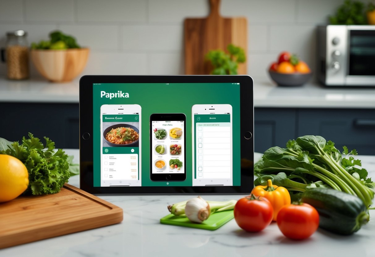 A kitchen counter with a tablet displaying the Paprika Recipe Manager app, surrounded by fresh produce, a cutting board, and a grocery list