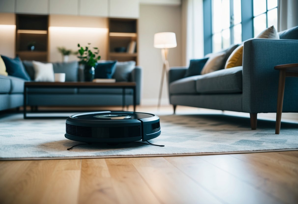 A modern living room with the Roomba i7+ Robot Vacuum navigating around furniture and efficiently cleaning the floor