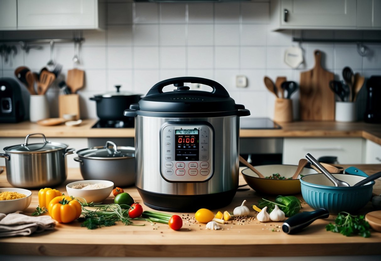 A cluttered kitchen counter with various household tools and appliances, including the Instant Pot Duo 7-in-1, surrounded by scattered ingredients and cooking utensils