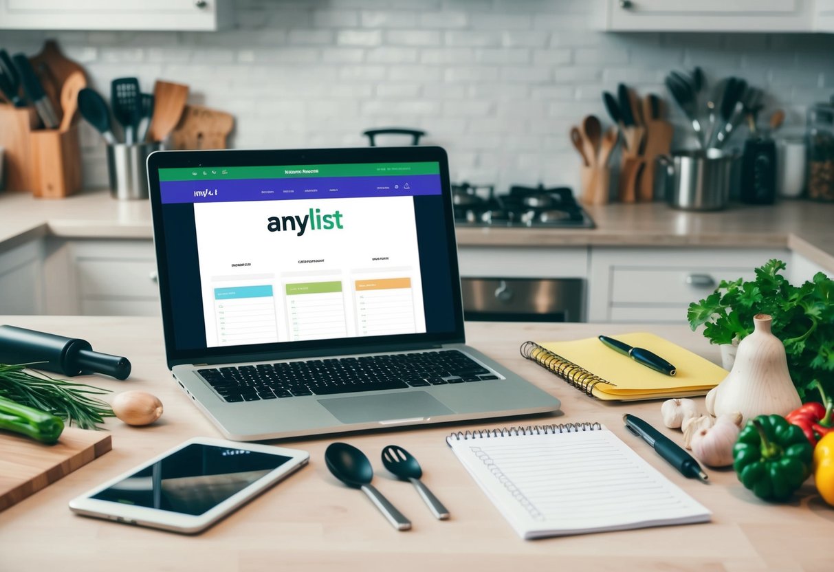 A kitchen counter with a laptop open to the AnyList website, surrounded by various cooking utensils, a notepad, and a grocery list