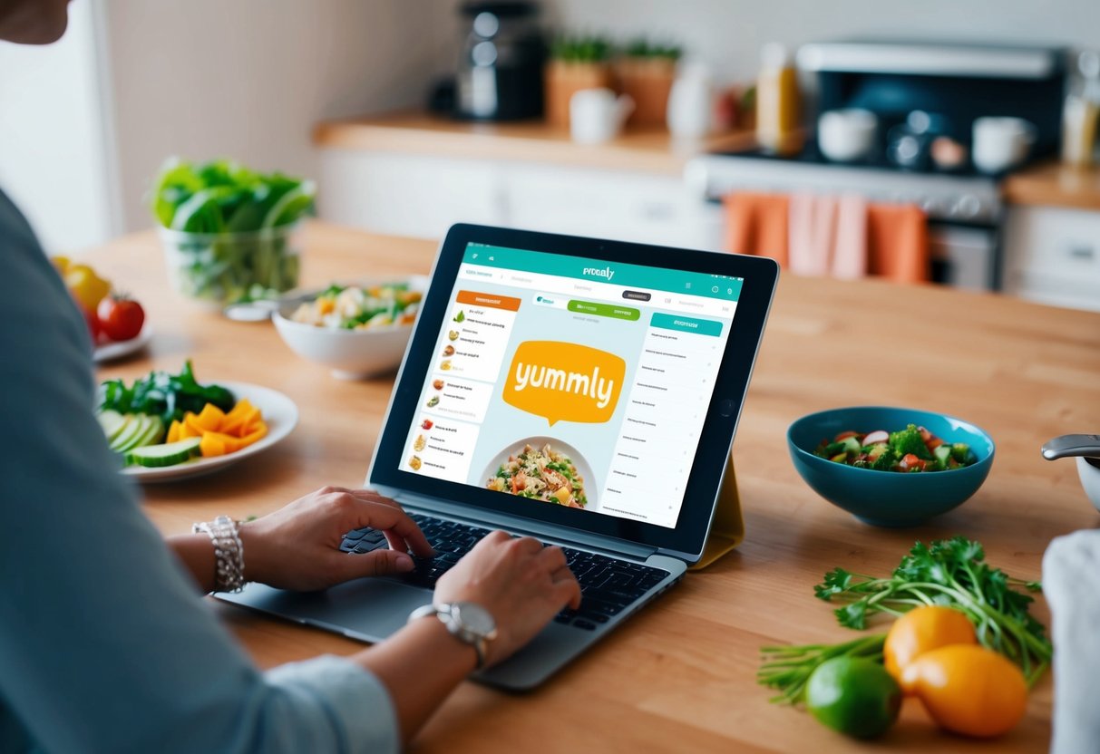 A person using Yummly's meal planning tools while simultaneously organizing grocery lists and recipes