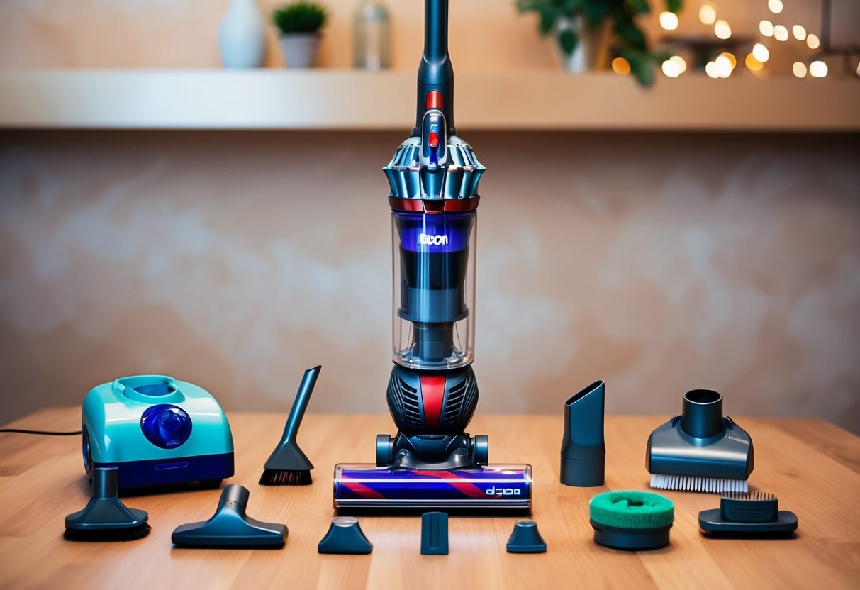 A Dyson V11 Cordless Vacuum surrounded by 10 different cleaning tools, such as a crevice tool, dusting brush, and mini motorized tool, ready for household chores