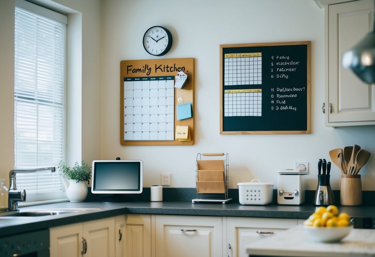 A busy family kitchen with a calendar on the wall, a digital organizer on the counter, a bulletin board with schedules, and a whiteboard for notes