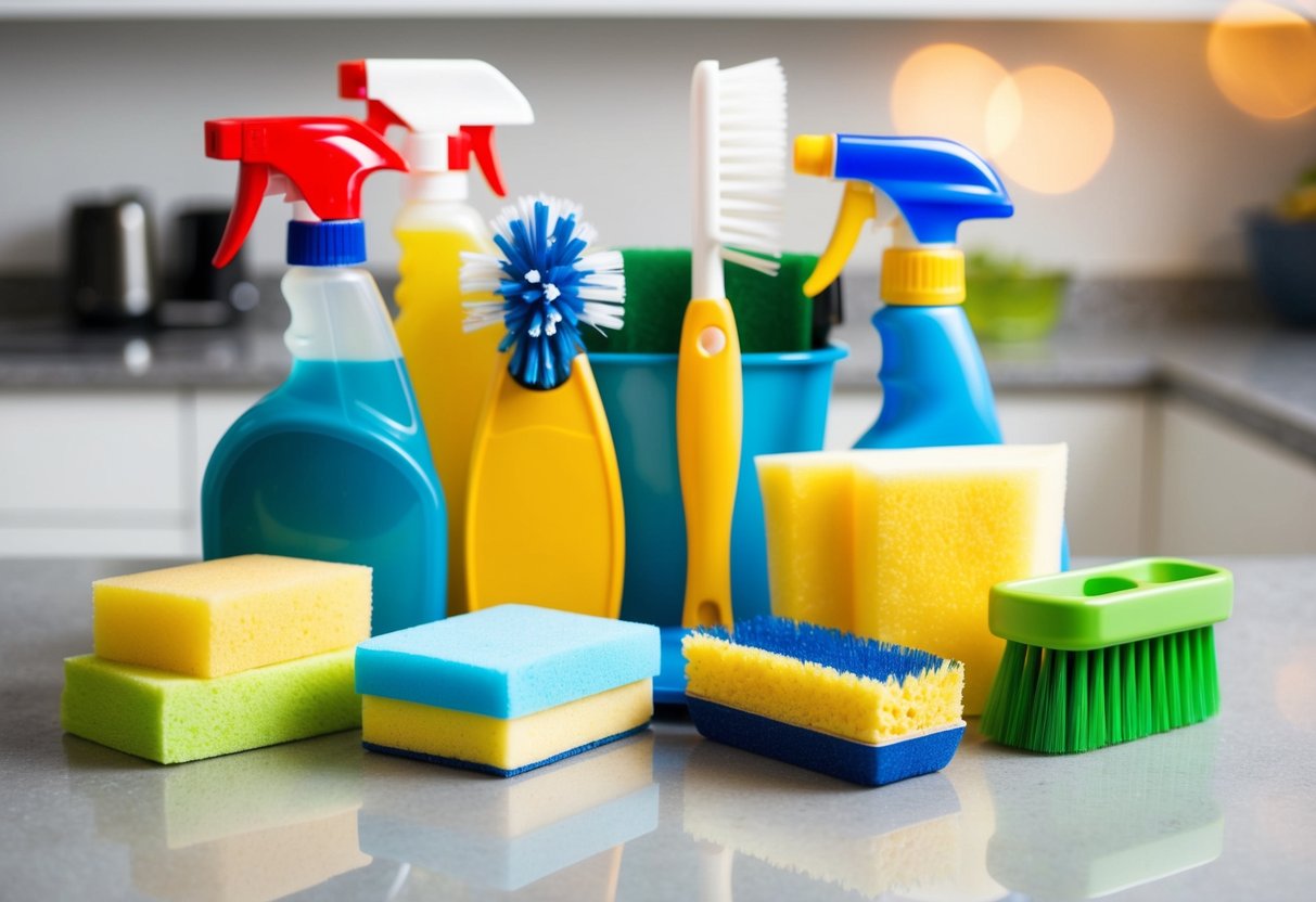 A variety of household cleaning tools, including sponges and scrub brushes, arranged neatly on a countertop