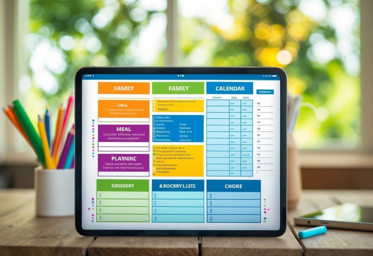 A busy family calendar with color-coded events, meal planning, grocery lists, and chore charts displayed on a tablet or smartphone