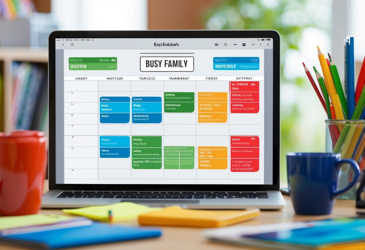 A busy family's schedule is organized on a digital calendar, with color-coded events and reminders for school, work, and extracurricular activities