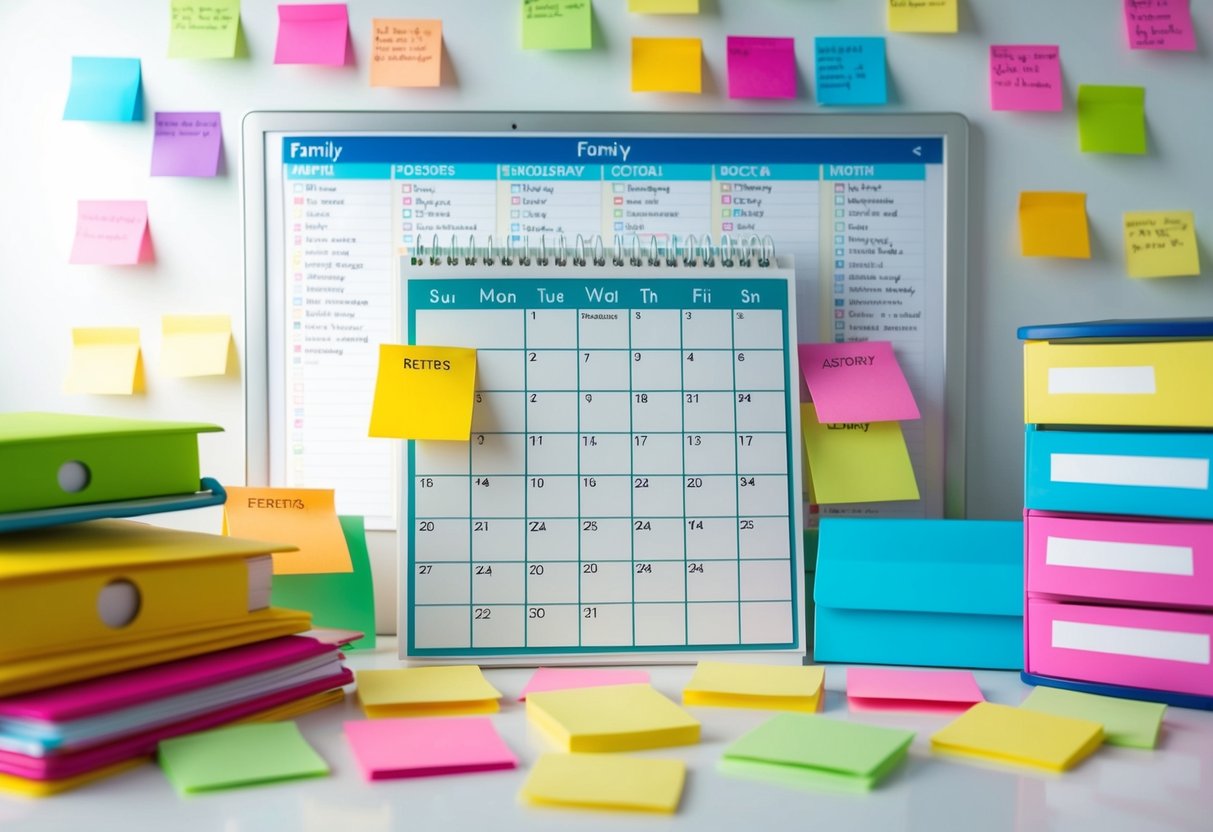 A family calendar surrounded by colorful sticky notes, labeled folders, and a digital task board with various lists and due dates