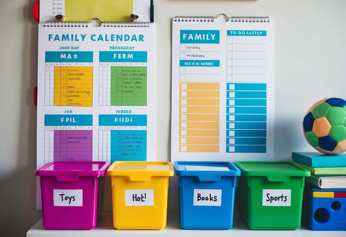 A family calendar with color-coded schedules, meal planning, and to-do lists, alongside labeled storage bins for toys, books, and sports equipment