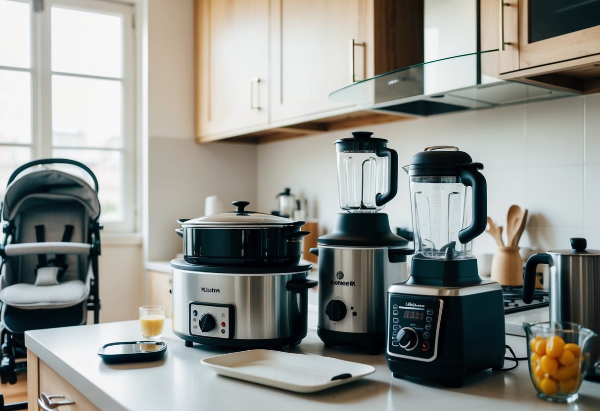 A busy kitchen counter with various gadgets: a coffee maker, slow cooker, blender, and timer. A stroller folded up in the corner