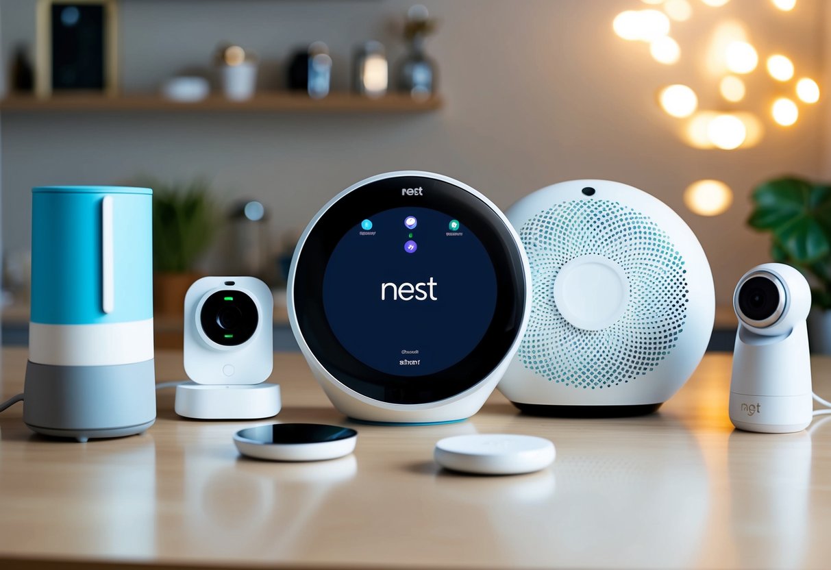 A Google Nest Hub surrounded by gadgets like a smart vacuum, coffee maker, and baby monitor, creating a convenient and stress-free home environment for parents