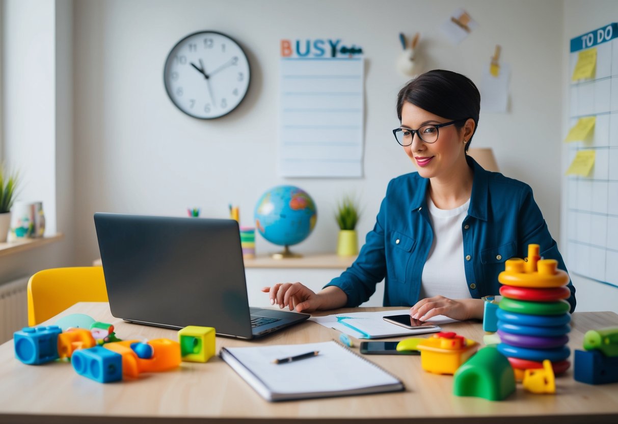 A busy parent with a laptop, calendar, phone, and children's toys scattered on a desk. A clock shows the time, and a to-do list is taped to the wall