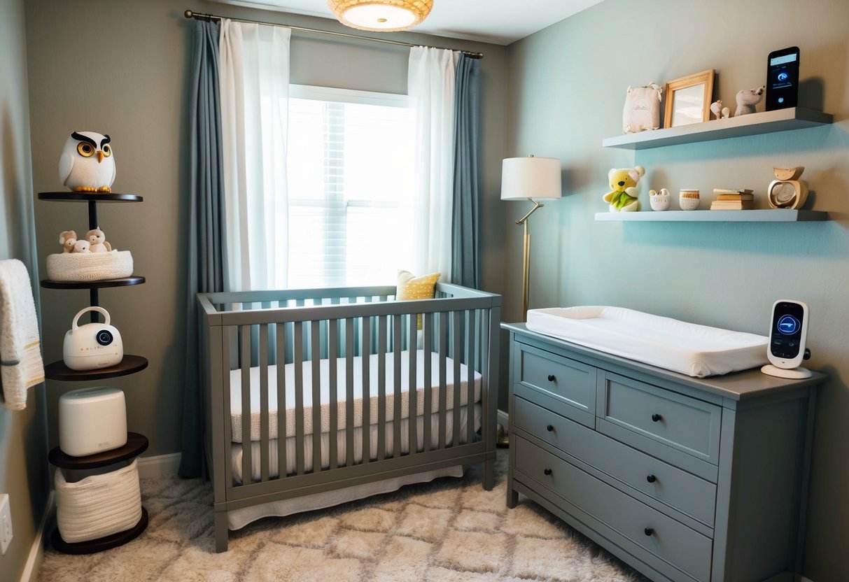 A cozy nursery with a crib, changing table, and shelves holding gadgets like the Owlet Smart Sock, baby monitor, and bottle warmer