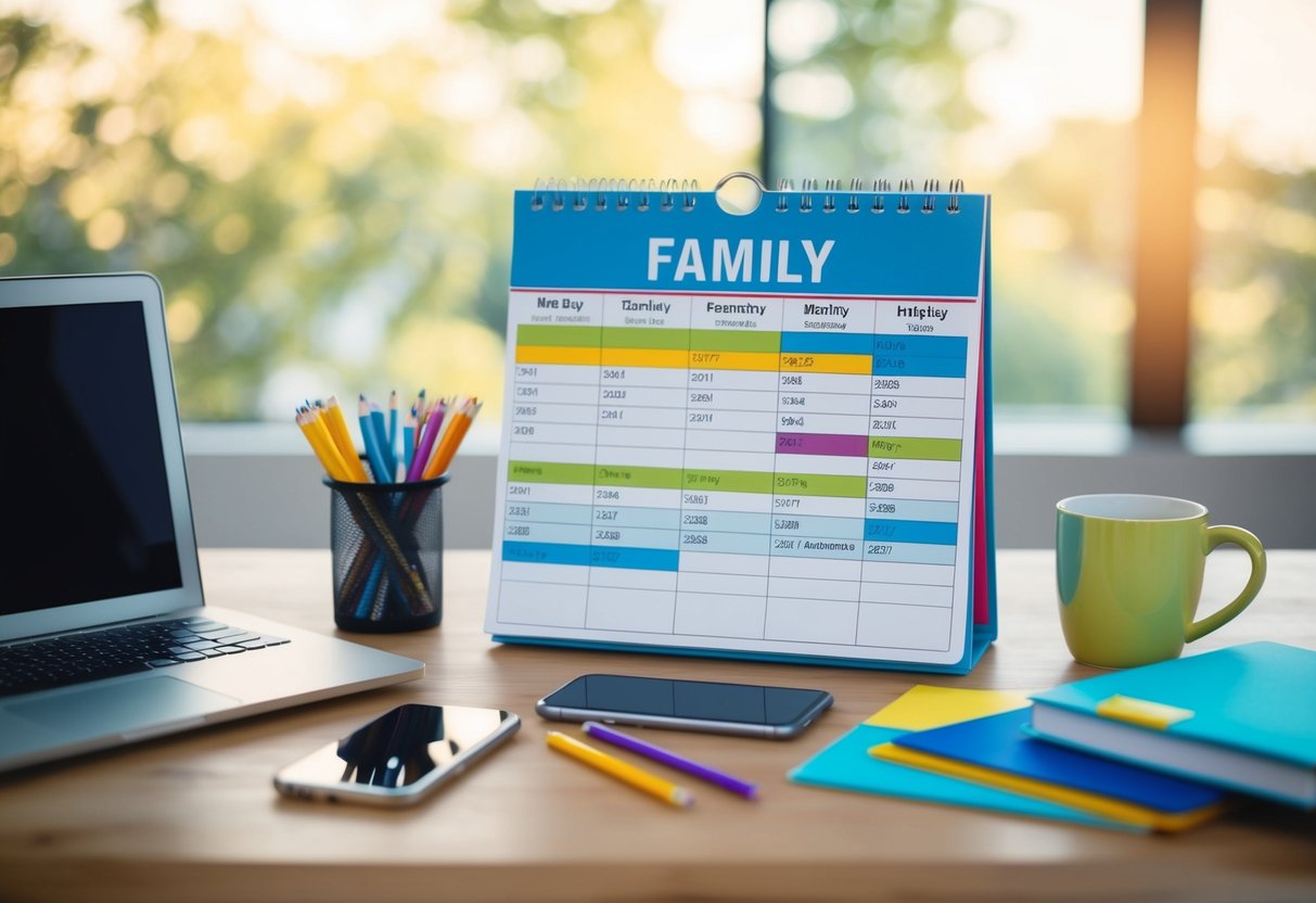 A busy family calendar with color-coded events and reminders, surrounded by a laptop, phone, school supplies, and a coffee mug