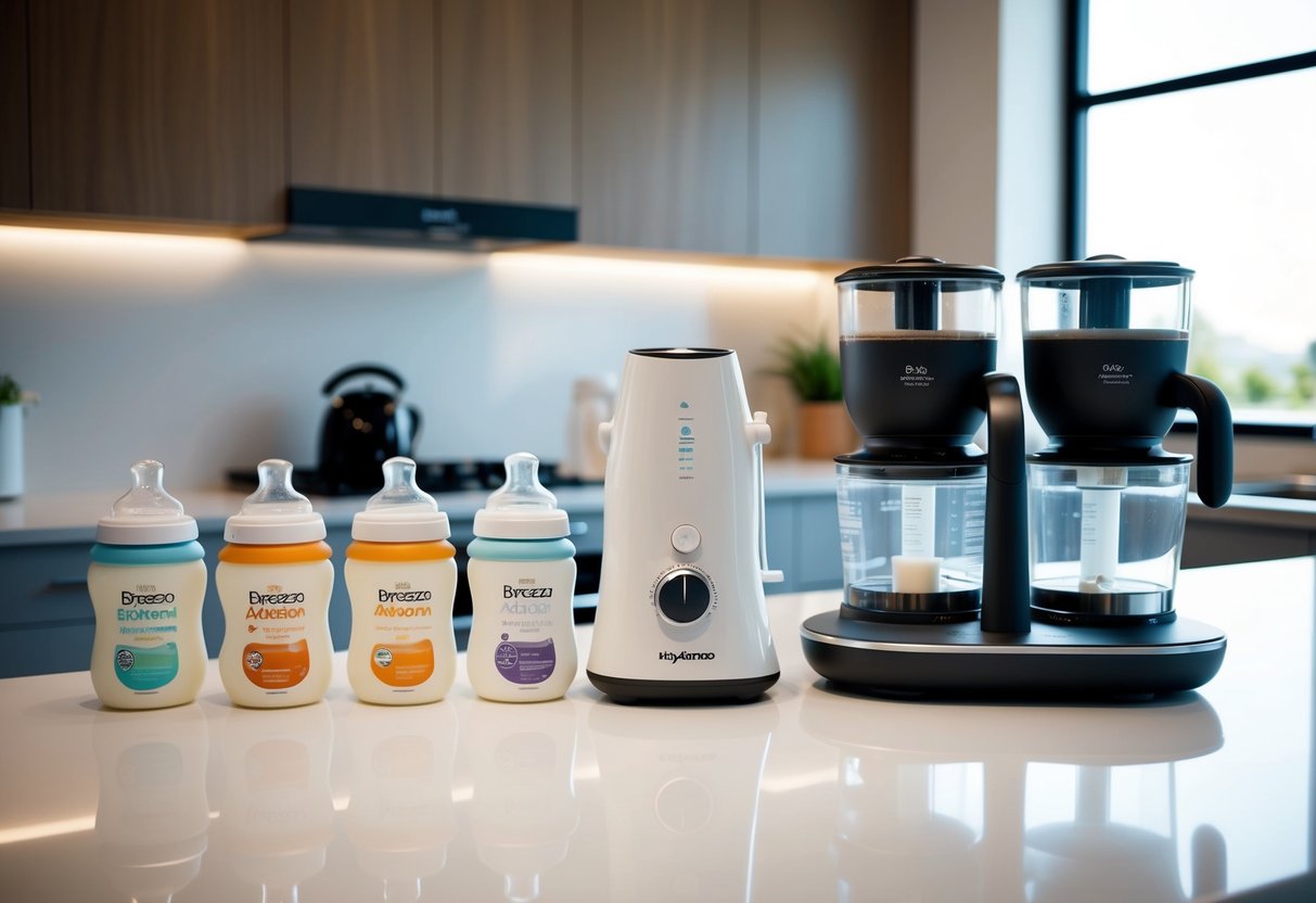 A sleek, modern kitchen counter holds the Baby Brezza Formula Pro Advanced alongside six other time-saving gadgets for parents